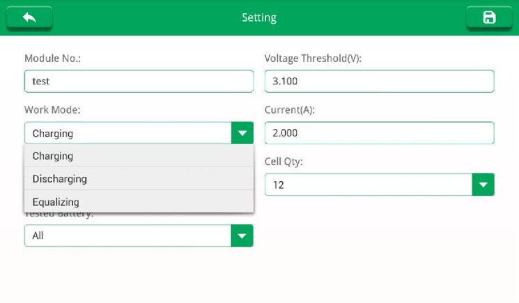 Discharging: adaptive to all cells above the set voltage threshold;<br />
Equalizing: adaptive to all cells that voltage lower or higher conditions