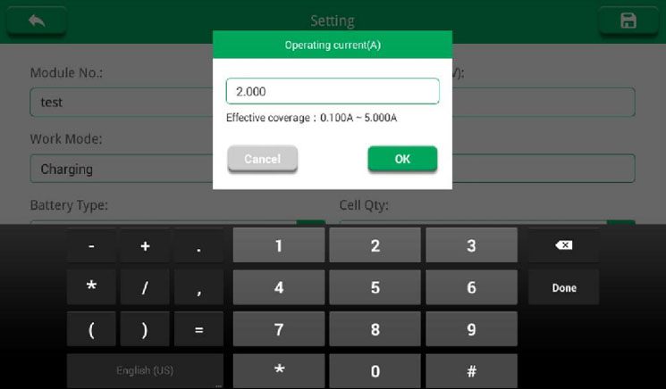 Operating current: the input current under working. “Equalizing” function: 0.1A 2.5A. “Charging” or “Diacharging” function: 0.1A 5A.